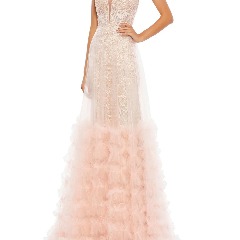 Mac Duggal Blush Pink Embroidered Tulle Ruffle Gown